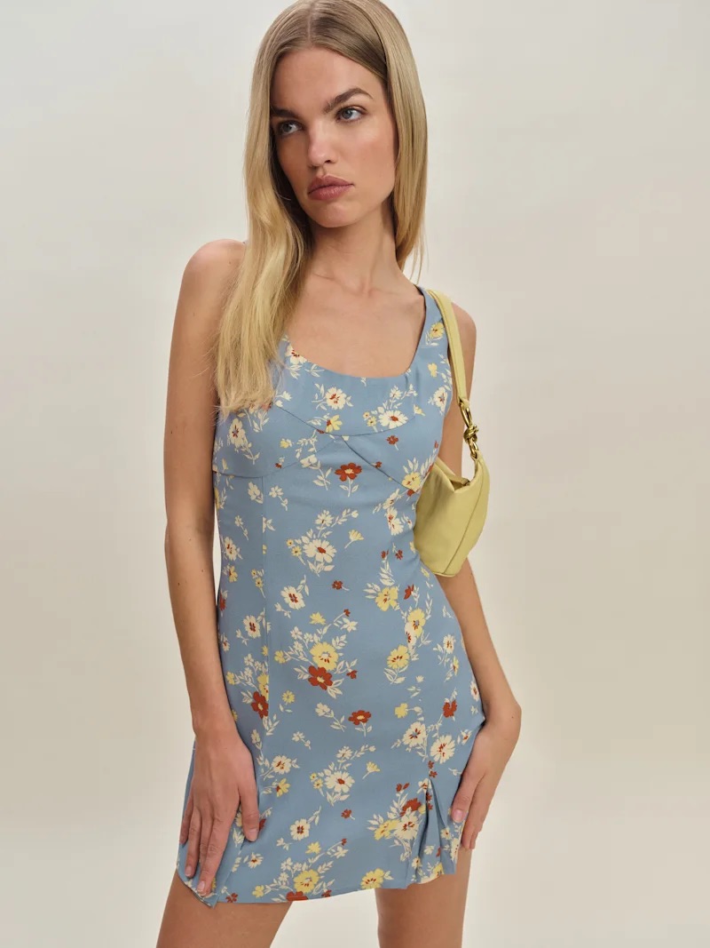 Reformation Blue Floral Scoop-Neck Mini Dress